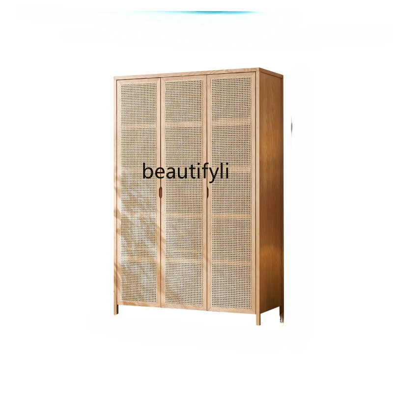 Real Rattan Solid Wood Wardrobe Nordic Ash Sliding Door Locker Post-Modern Bedroom Sliding Door Wardrobe