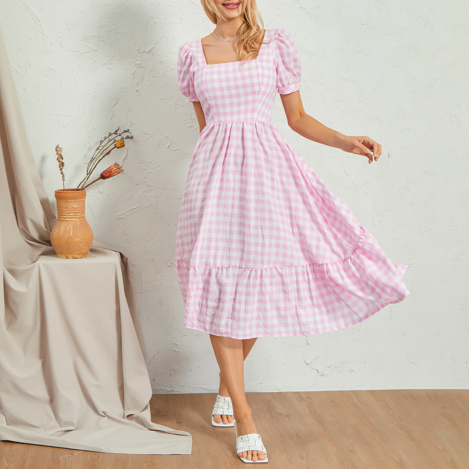 

Women Summer Casual Midi Dress Plaid Square Neck Short Puff Sleeve A-line Dress Big Swing Beach Holiday Dress
