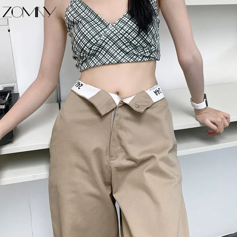 

ZOMRY Pure Cotton Cuffed Two Wear Design Women's Clothing Straight Loose Casual Pants Casual Street Retro Comfortable Trousers