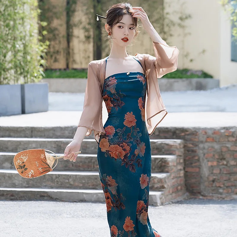 Blue Jacquard Floral Cheongsam Qipao Dress
