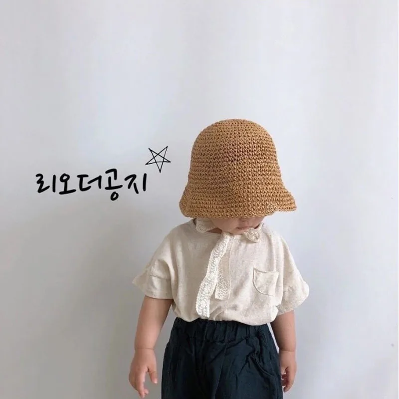 2024 Summer Straw Baby Hat Lace Newborn Baby Bucket Hat Kids Sun Hats Kids Cap Children Panama Cap Outdoor Travel Beach Cap 6