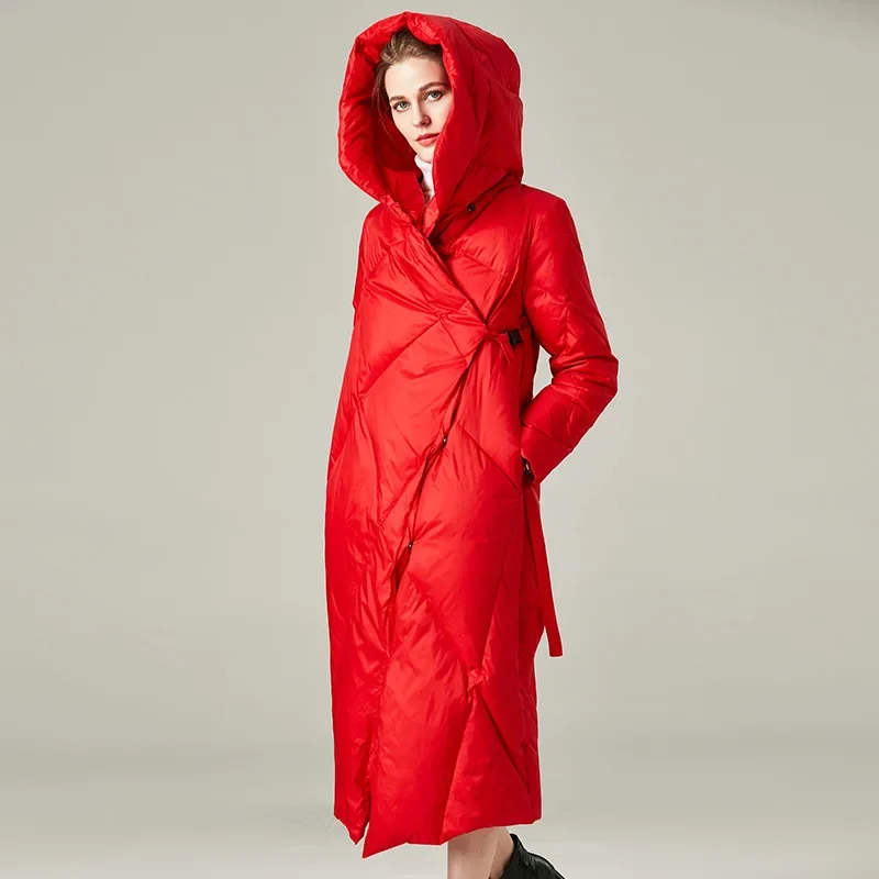 Down jacket women's long knee length 2023 autumn/winter new thickened white duck down outdoor cold down jacket