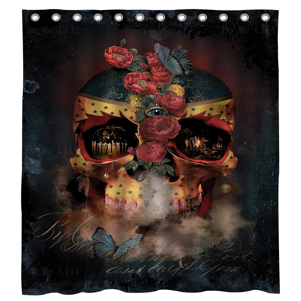 

Мексиканский сахарный череп художественный День мертвых скелетов и цветы бабочки занавеска для душа от Ho Me Lili для декора ванной комнаты