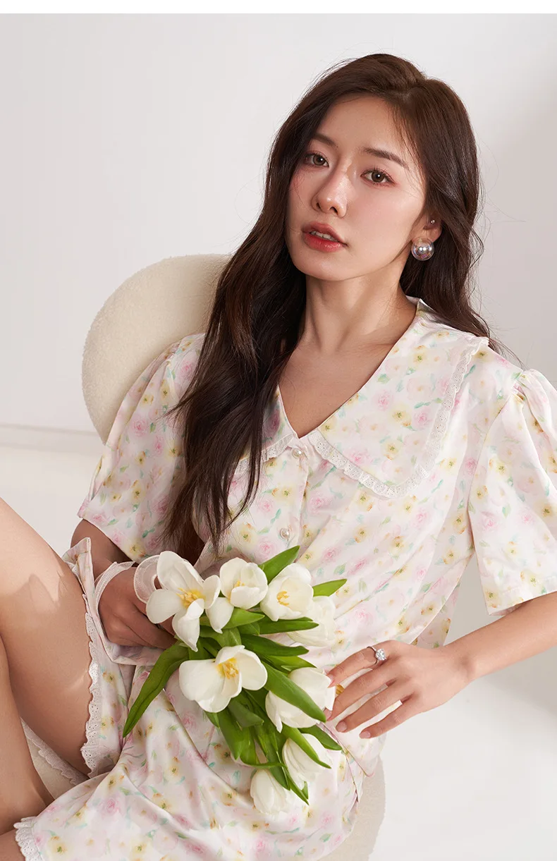 CRLAYDK 2023 Summer Flower Pamas Set for Women  Short Sleeve Satin Silk Button Down Sleepwear Bride Soft Pjs Loungewear_voghion.com