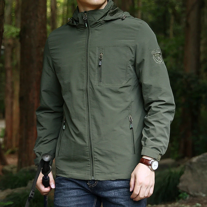 5XL Mens Outdoor Hiking Jackets Autumn Military Multi-pocket Tactical Safari Fishing Waterproof Hooded Thin Cargo Function Coat