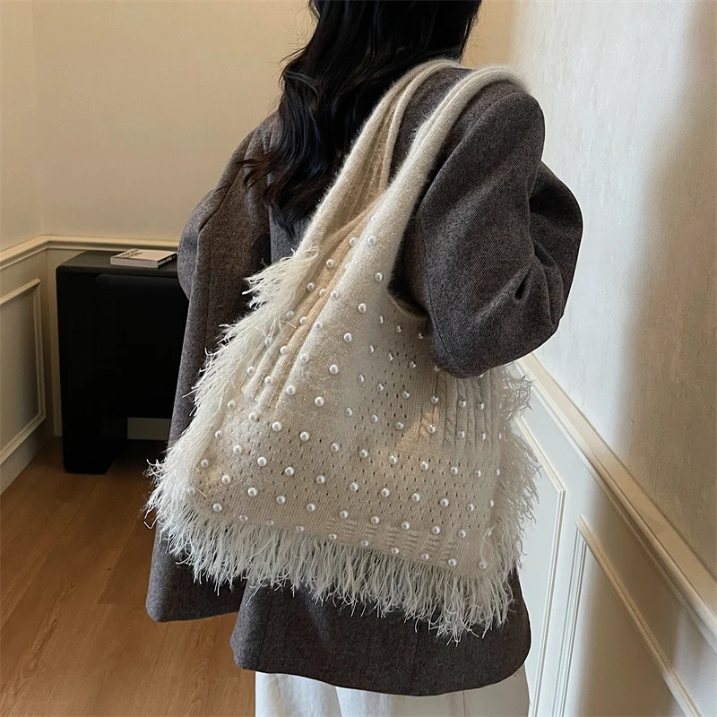 Women Knitted Fabric Boho Crochet Beach Bag with Imitation Pearl Hobo Handbag Crochet Underarm Bag for Daily Use