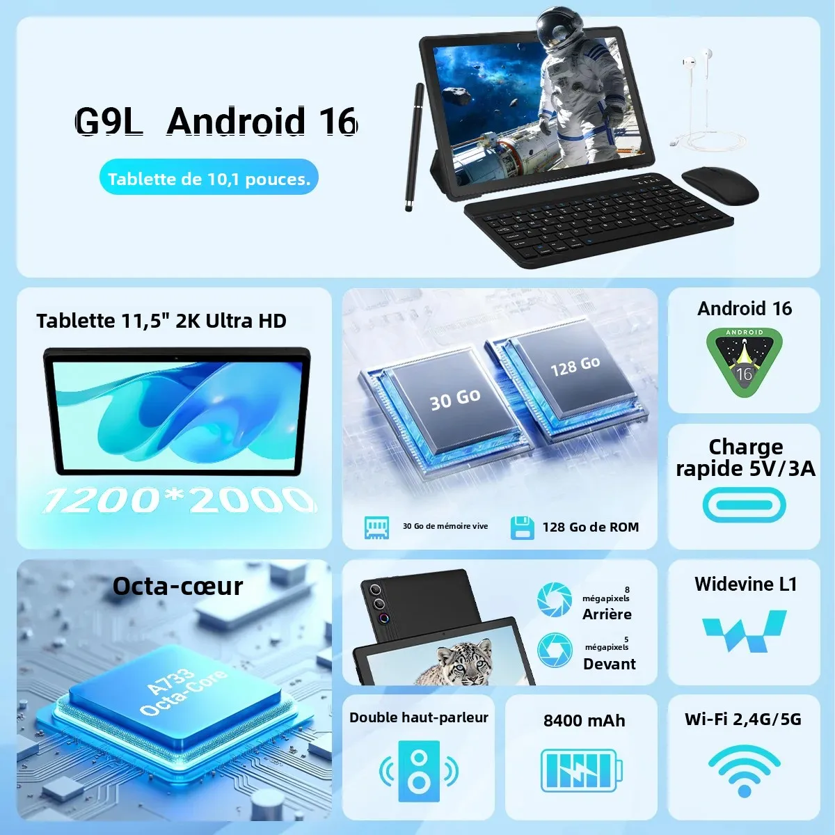 URAO G9L 11,5-Zoll-Tablet mit Android 15, 30 GB + 128 GB + 1 TB erweiterbarem Speicher, 8400 mAh Akku, 2K-HD-IPS-Display (1200 x 2000 Pixel), WLAN 6 und Dual-Kamera_voghion.com
