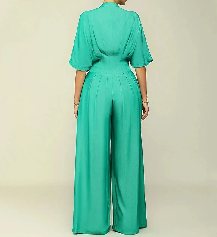 Jumpsuit for Women 2023 New Fashionable Half-Sleeved Solid Color High Waist Jumpsuit Temperament Commuting Wide Leg Jumpsuit
