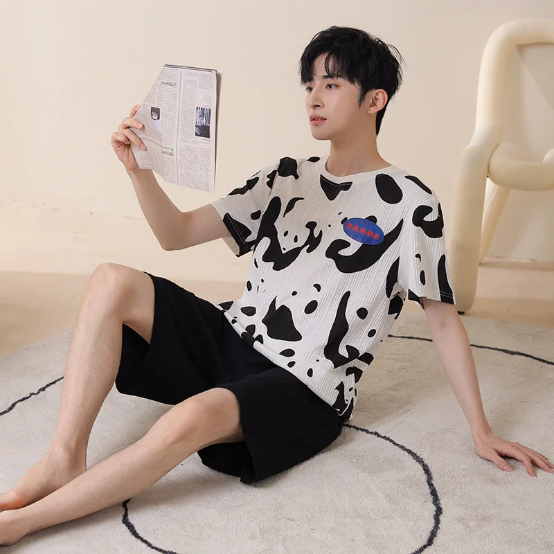 New Men's Pajamas Pure Cotton Short Sleeved Shorts Summer  Version Leisure Sports Youth Home Clothes Set