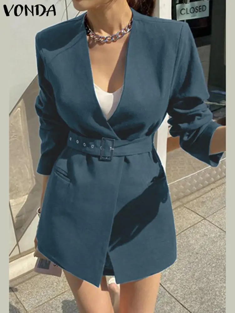 VONDA Elegant Long Sleeve Blazer Women Autumn V-neck Casual OL Blazer 2023 Fashion Belted Solid Color Streetwear Coats Femininas