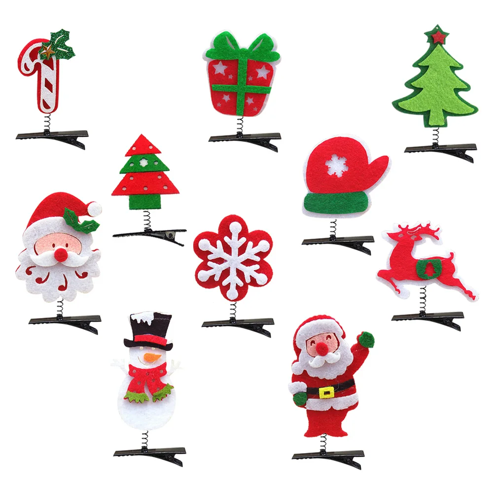 

10pcs Christmas Small Hair Clip Cartoon Fabric Xmas Tree Snowman Deer Pattern Hair Pin Holiday Decorative Headwear for Ladies
