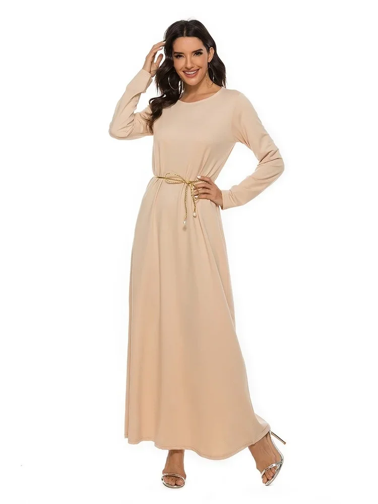 2023 Hot Sale Islamic Women's Muslim Abaya Basic Style Solid Color A- Line Long Sleeve Dress with Belt Casual for Party