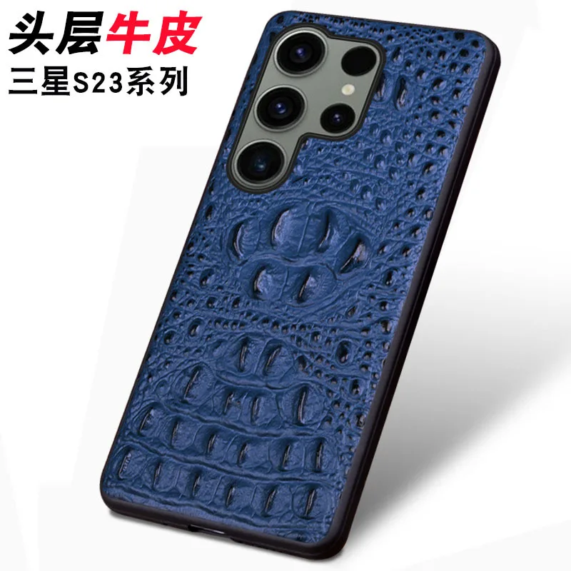 Luxury Genuine Leather Phone Case For Samsung Galaxy S23 Ultra Plus Business 3D Crocodile Skull Head Pattern Full Armor Cover