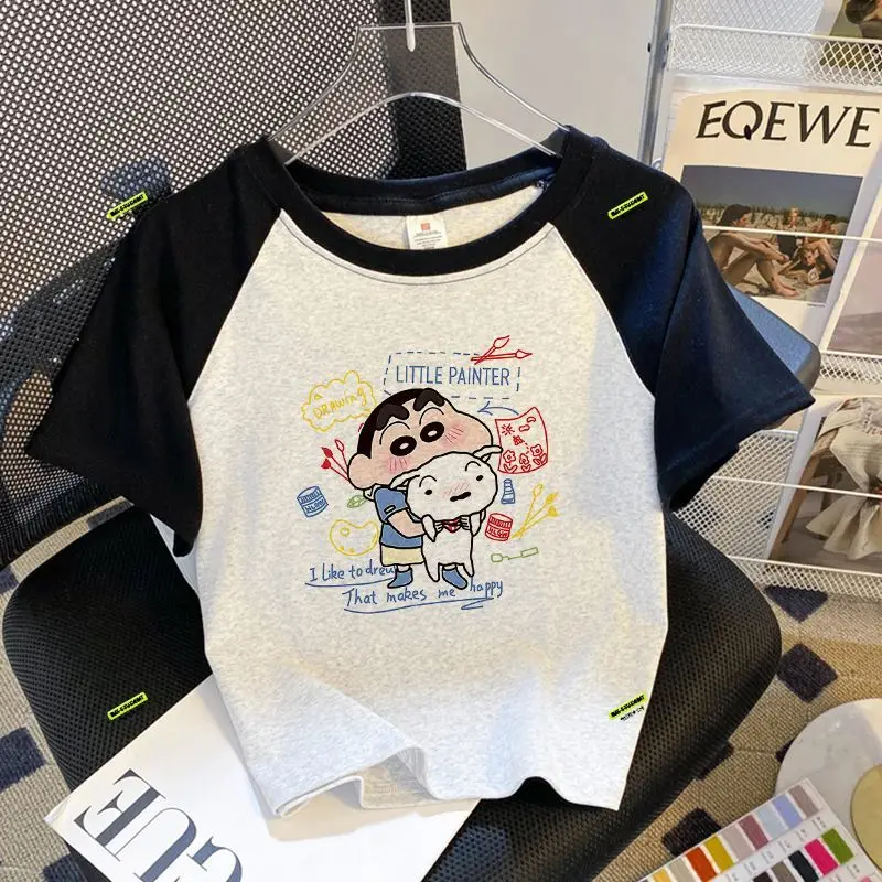 

New Bandai Kawaii Short Sleeve Anime Cute Cartoon Crayon Shin Chan Creative New Half Sleeved T Shirt Women Leisure Top Gift