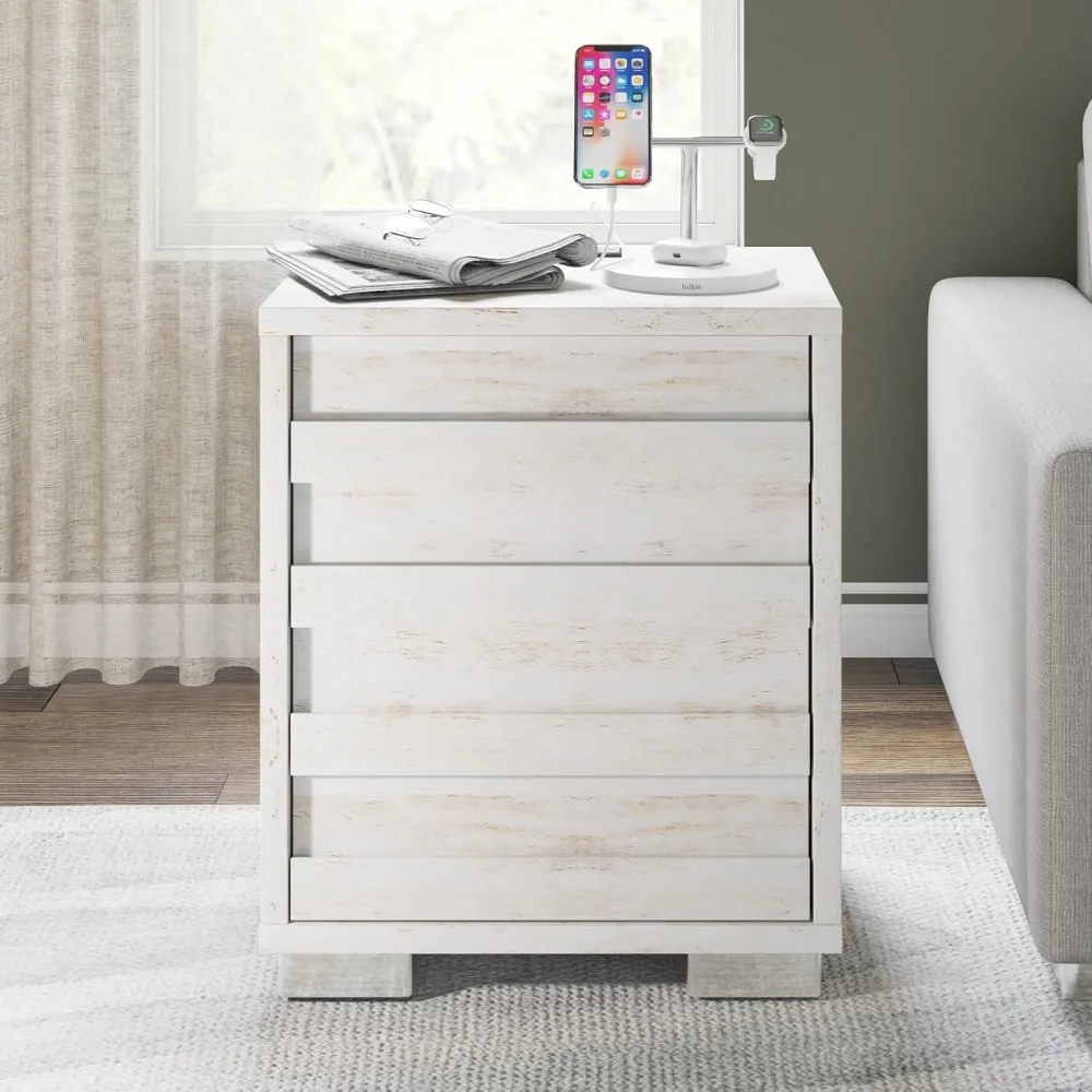 Nightstand Set of 2 with Charging Station, Wood Bedside Table with 2 Drawers, Farmhouse End Table with Slated Handles 2