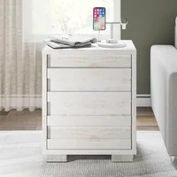 Nightstand Set of 2 with Charging Station, Wood Bedside Table with 2 Drawers, Farmhouse End Table with Slated Handles 2