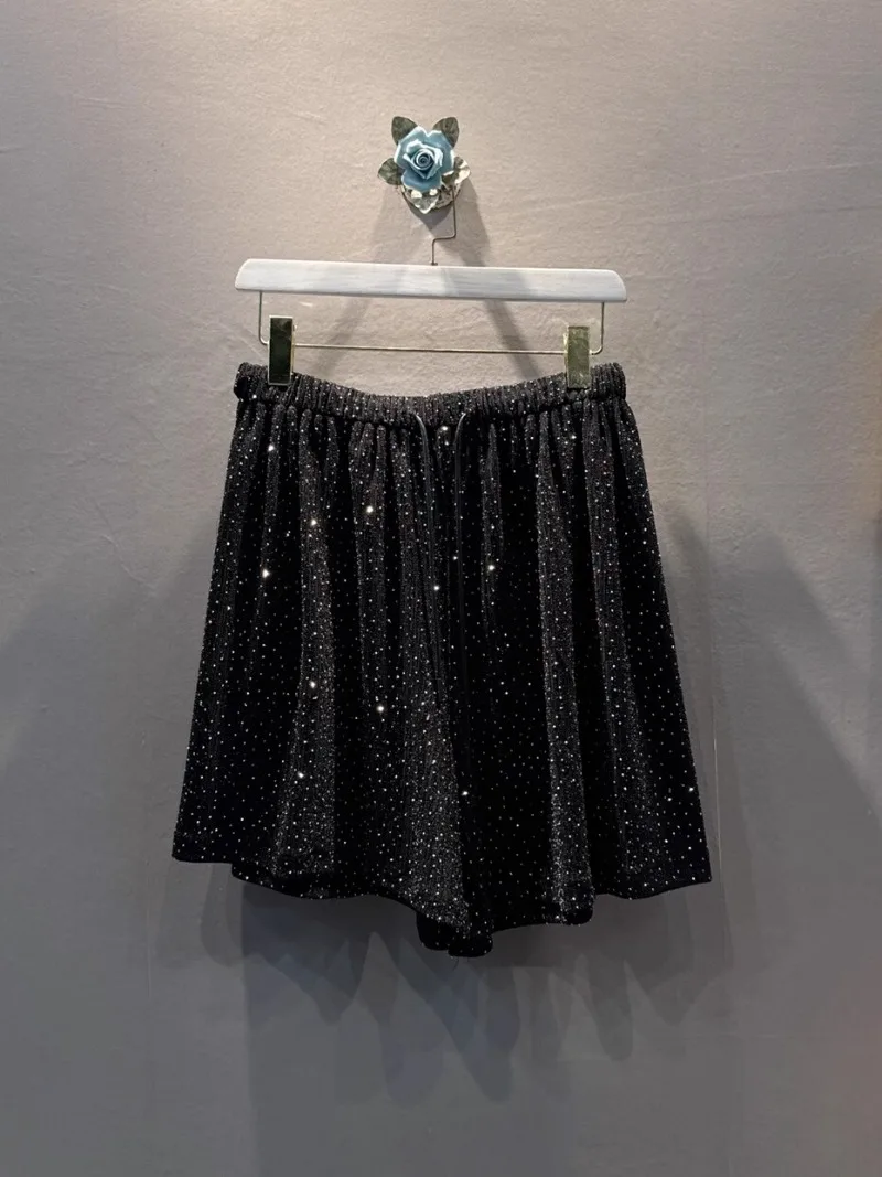 2024 Summer New Casual Black Silver Shorts Women's Fashion Elastic Waist Short Wide Leg Booty Pants Harajuku Clothes Trousers