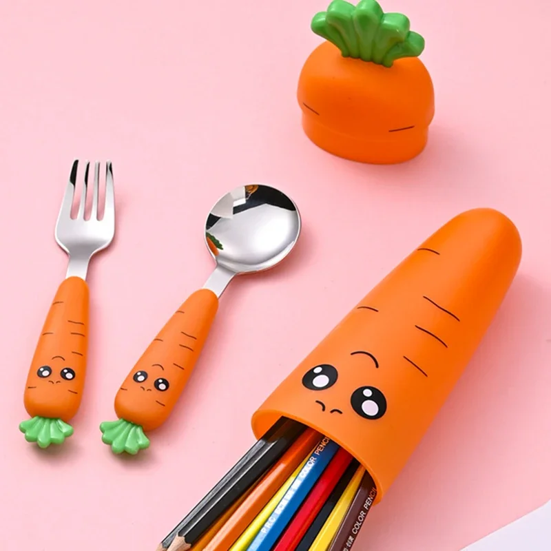 Cartoon Carrot Spoon Baby Feeding Utensils Child Cutlery Set Cute Kid Fork Spoon Kitchen Gadgets Tableware Fork Teaspoon 3PCS