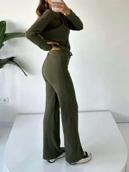 White Women's Tracksuit with Long Sleeve T-shirt 2024 Spring Wide Leg Trousers Two Piece Set Knitted Suits for Women O-neck Tees