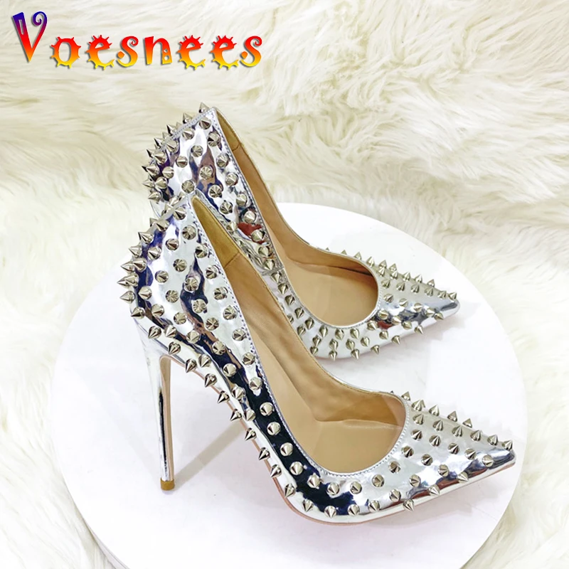 

2023 Summer New Silver Single Shoes Fashion Rivet Stage Punk Style High Heels Europe And America 12CM Women Pointed Toe Pumps