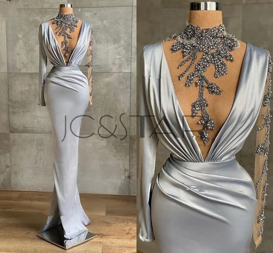 Silver Evening Dresses Turkey Sexi High Neck Beaded Satin Mermaid