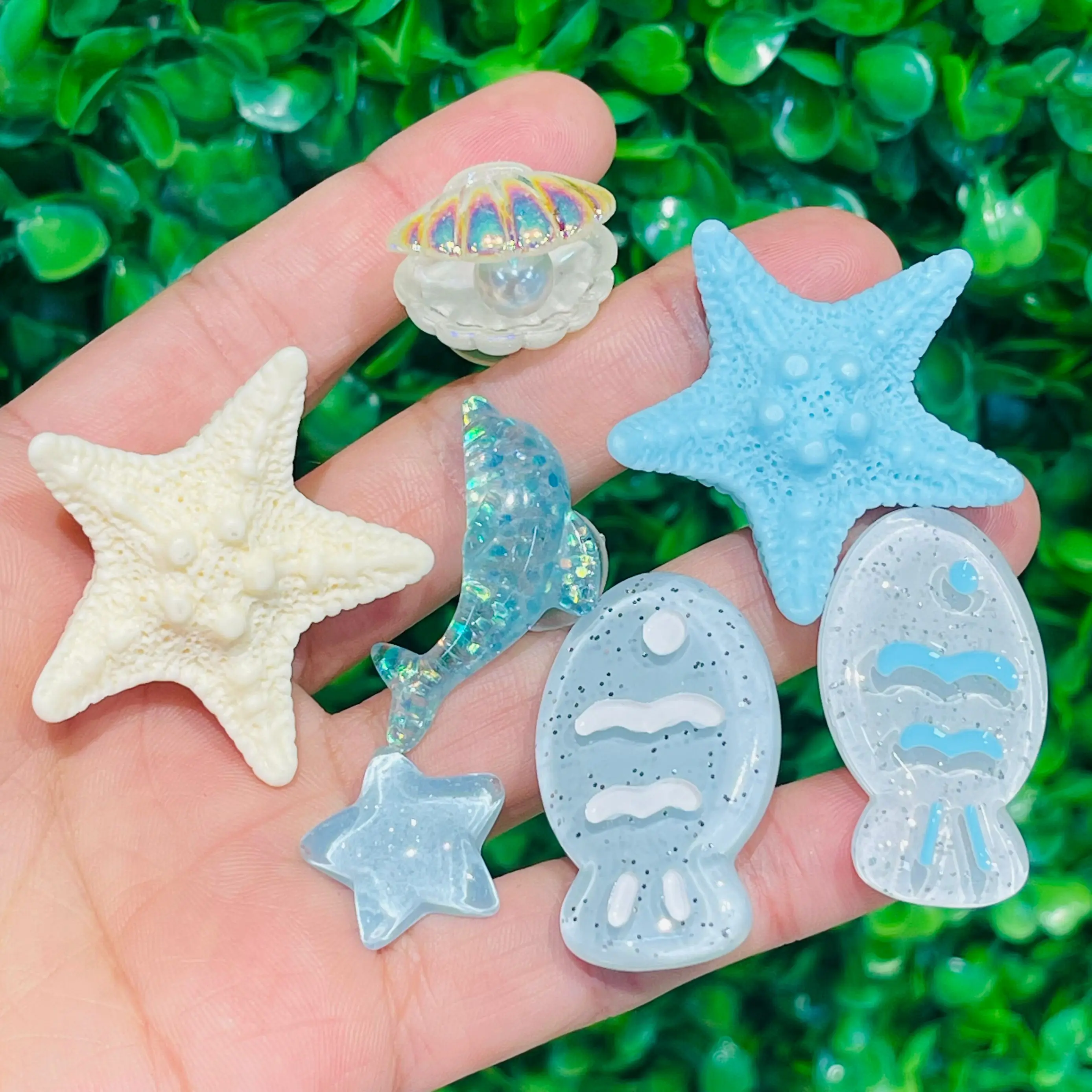 1-7PCS 여름 바다 물고기 돌고래 불가사리 쉘 진주 수지 구두 매력 나막신 핀 정원 신발 단추 액세서리 장식