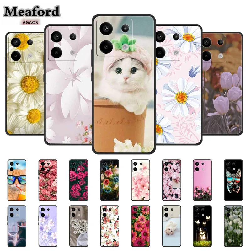 

Pink Phone Case for Xiaomi Redmi Note13 Pro Fashion Silicone TPU Soft Back Cover Redmi Note 13 Pro Flower Capa 6.67" Cats Coque