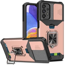 Rugged Slide Camera Stand Card Bag Cover with Enhanced Protection - Galaxy A32 5G (Rose gold)