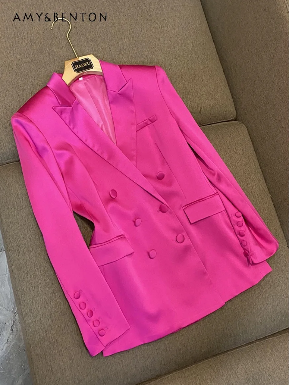 

Spring Summer New Glossy Satin Double Breasted Loose Suit Coat Women Acetate Jacket Slim Fit Small Suit Simple Ol Blazer Jacket