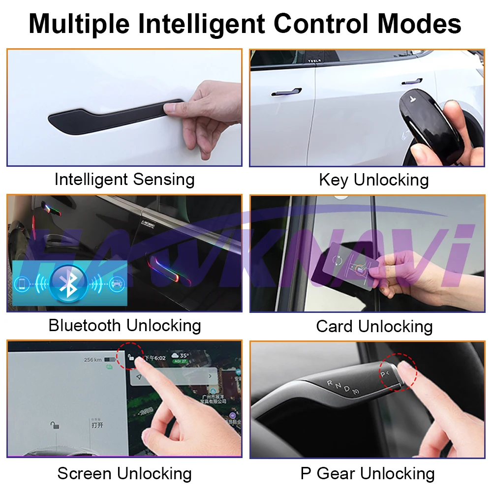 최신 6세대 무선 자동 도어 핸들 (테슬라 모델 Y 주니퍼 3 하이랜드 4도어용) 컬러풀 LED 라이트 포함