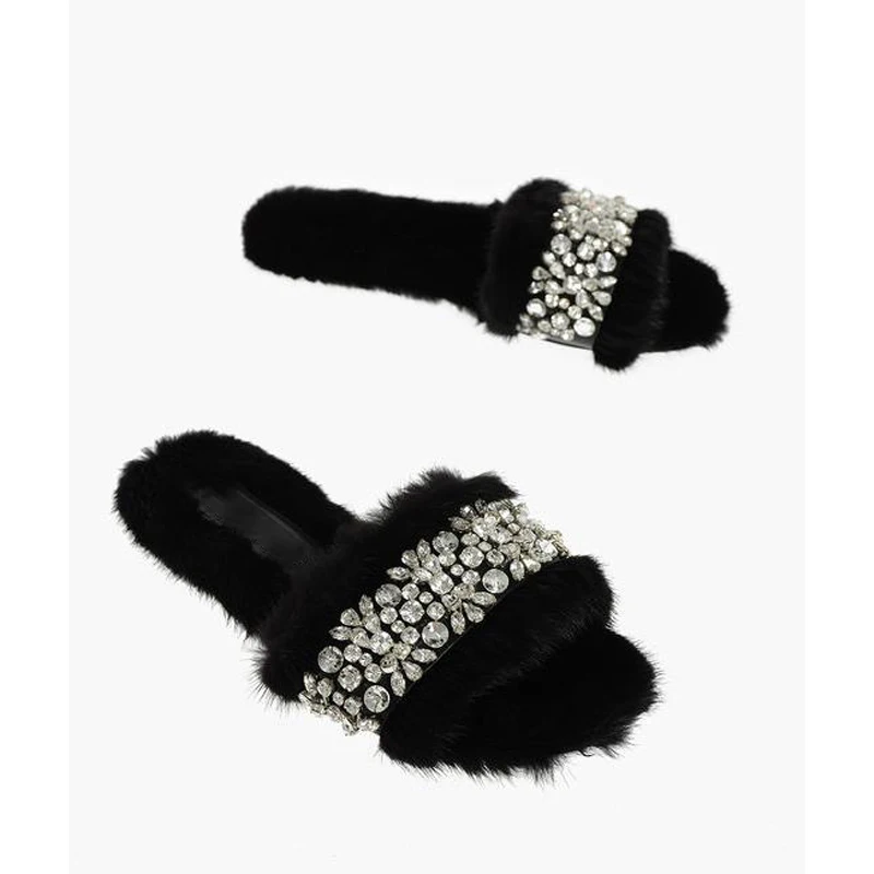 

Diamond Black Real Wool Lamb Slippers Women Handmade Shoes Autumn Winter New Fashion Indoor Outdoor Flats All-Match Slippers
