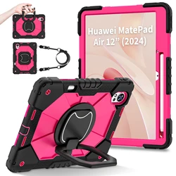Rotating Stand Armor Case with Handle Grip and Shoulder Strap - Heavy Duty Universal Tablet Cover for MatePad Air 2025 (Black - Rose Red)