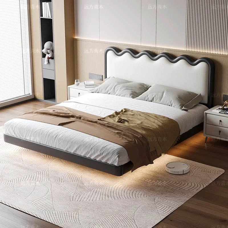 

Cream Wind Ripple Bed Wave Leather Suspended Bed Modern Simple Retro French Mesh Double Bed