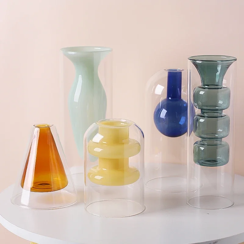Decorative Double Wall Borosilicate Flower Vase Ins Hot Popular Cylinder Hydroponic Clear Murano Glass Vase 6