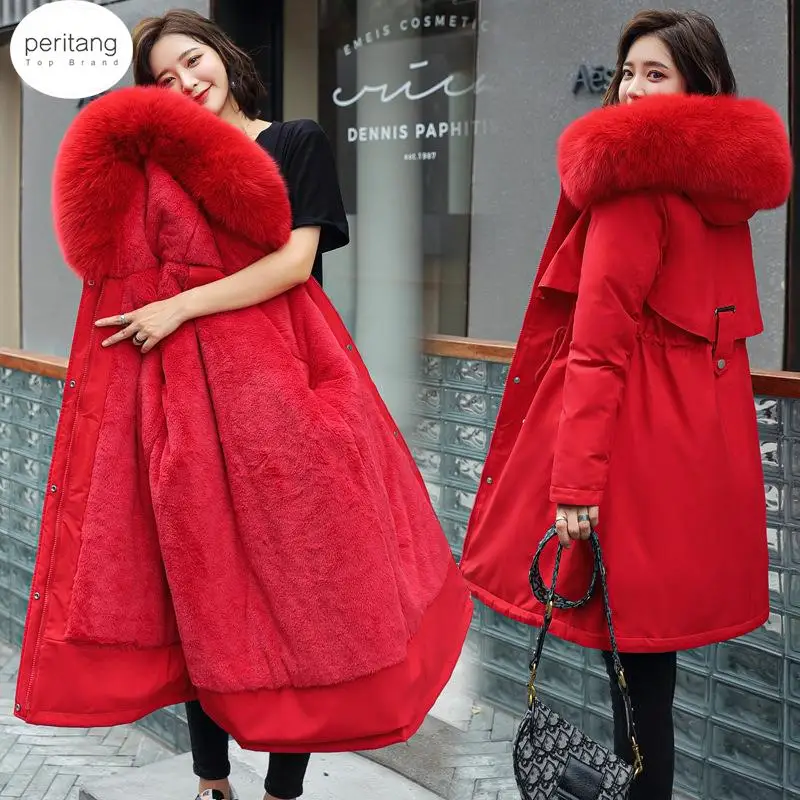 

PERITANG Winter Cotton Coat Women Korean Mid-Length Large Faux Fur Collar Plus Velvet Lined Parka Coat Outerwear Trendy Jackets