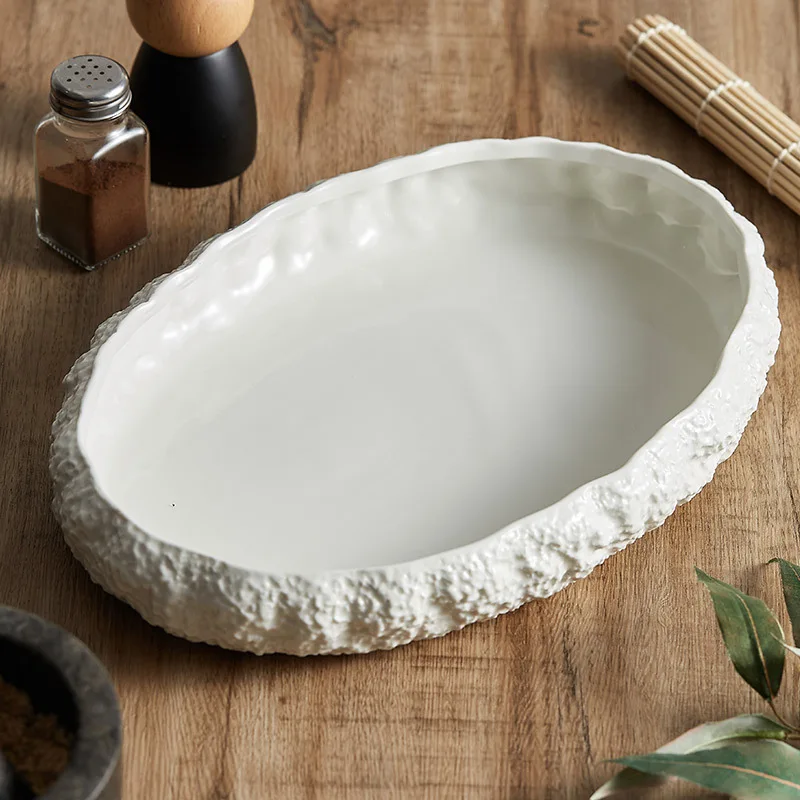 Large Steamed Fish Deep Dish with Rock Pattern,New Ceramic Sashimi Seafood Plate for Home Use,Hotel Clubhouse Lobster Plate