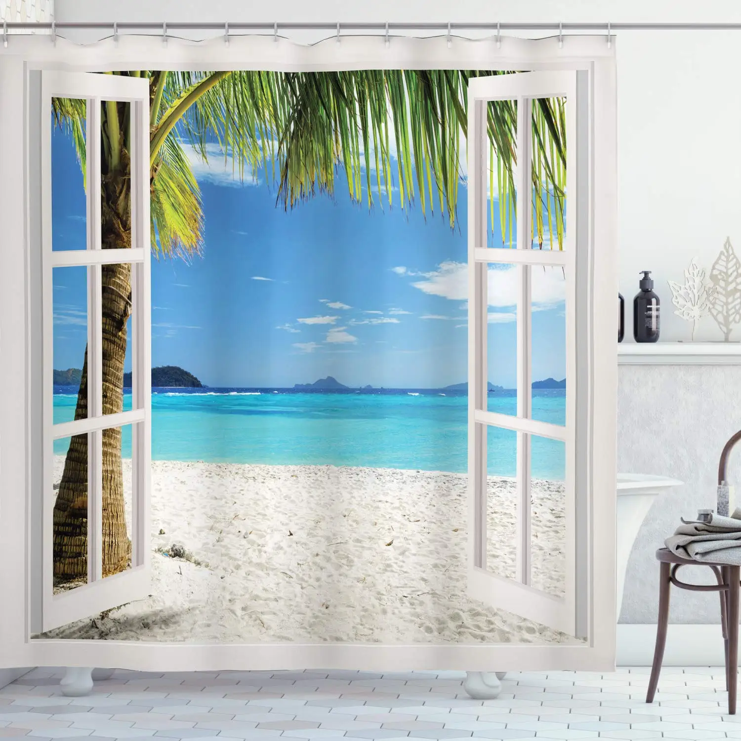 

Tropical Palm Trees on Island Ocean Beach Through White Wooden Windows Shower Curtain Waterproof Fabric Bathroom Decor with Hook