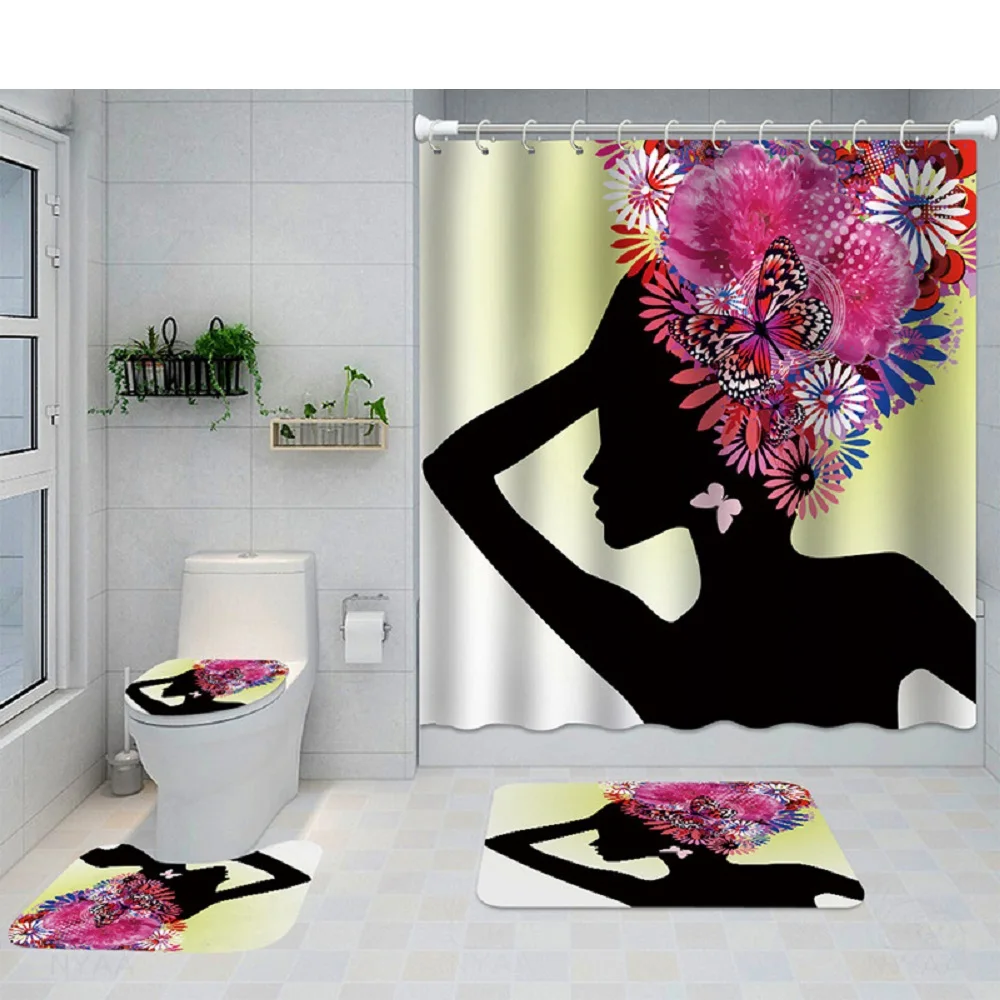 

African Women Shower Curtain Set Non-Slip Rugs Toilet Cover Bath Mat Girl Inspiration Quote Design Bathroom Decor Bath Curtains