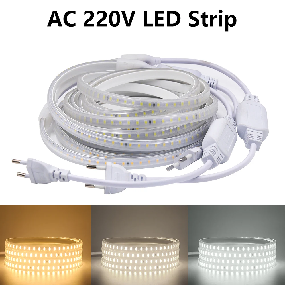 LED Strip Lights 220V 2835 Waterproof LED Tape Ribbon High Brightness 120LEDs/m Flexible Outdoor Lamp With EU Power Plug 5v usb neon light sign waterproof smd2835 120leds m led strip 6x12mm flexible silicone tube ribbon diode tape with off on switch