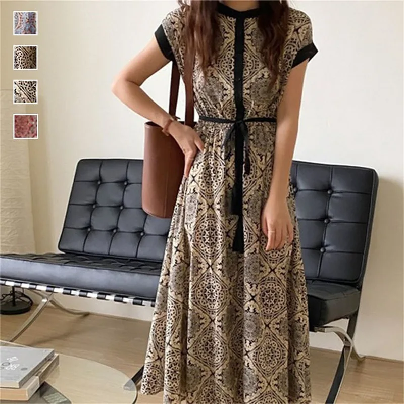 

Women's Dress 2024 Summer Commuter Short Sleeve Elastic Waist Stand Collar Retro Printed With Slim Fairy A-line Dress