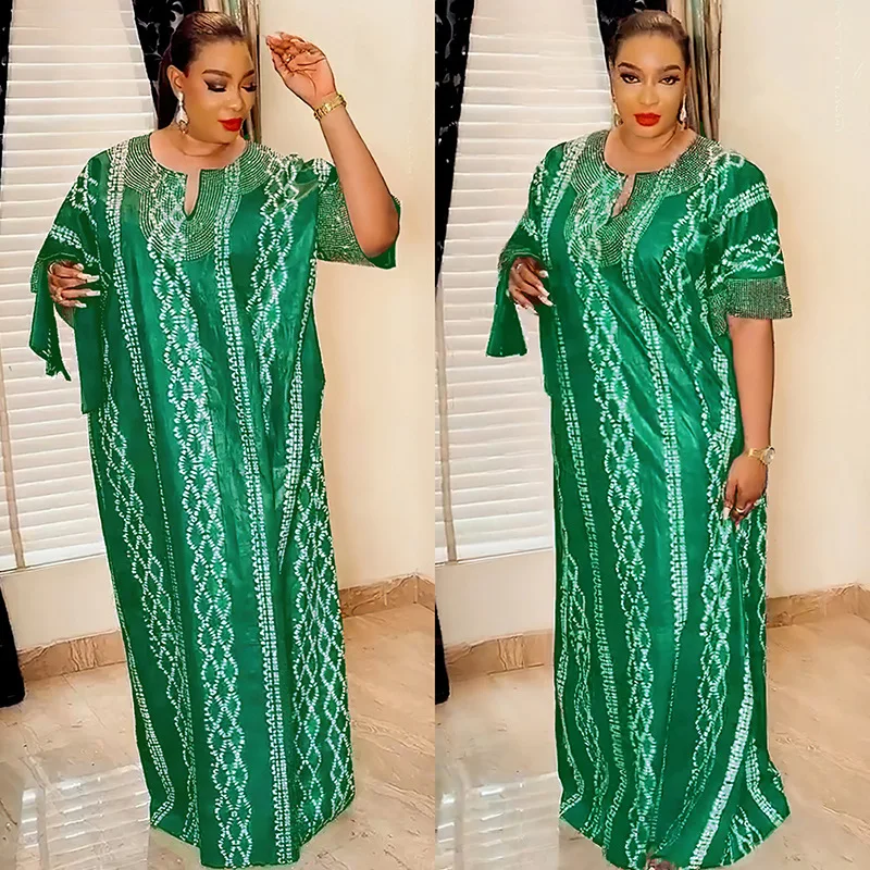 African Dresses for Women Autumn Elegant 2023 Short Sleeve V-neck Orange Green Long Dress Muslim Fashion Abaya African Clothing