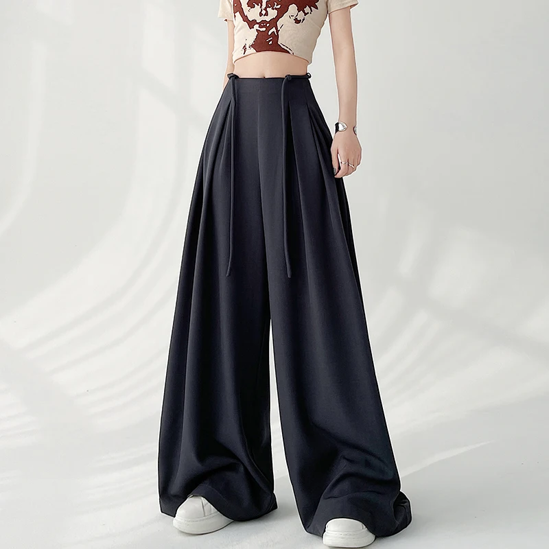 

Брюки женские с завышенной талией, модные бандажные штаны с широкими штанинами, повседневные драпированные свободные длинные шикарные Костюмные брюки, весна-лето