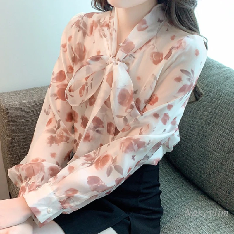 

2023 Spring and Autumn Printed Chiffon Shirt Women's Clothing New Beautiful Shirt Bow Tie Collar Long Sleeve Office Ladies Top