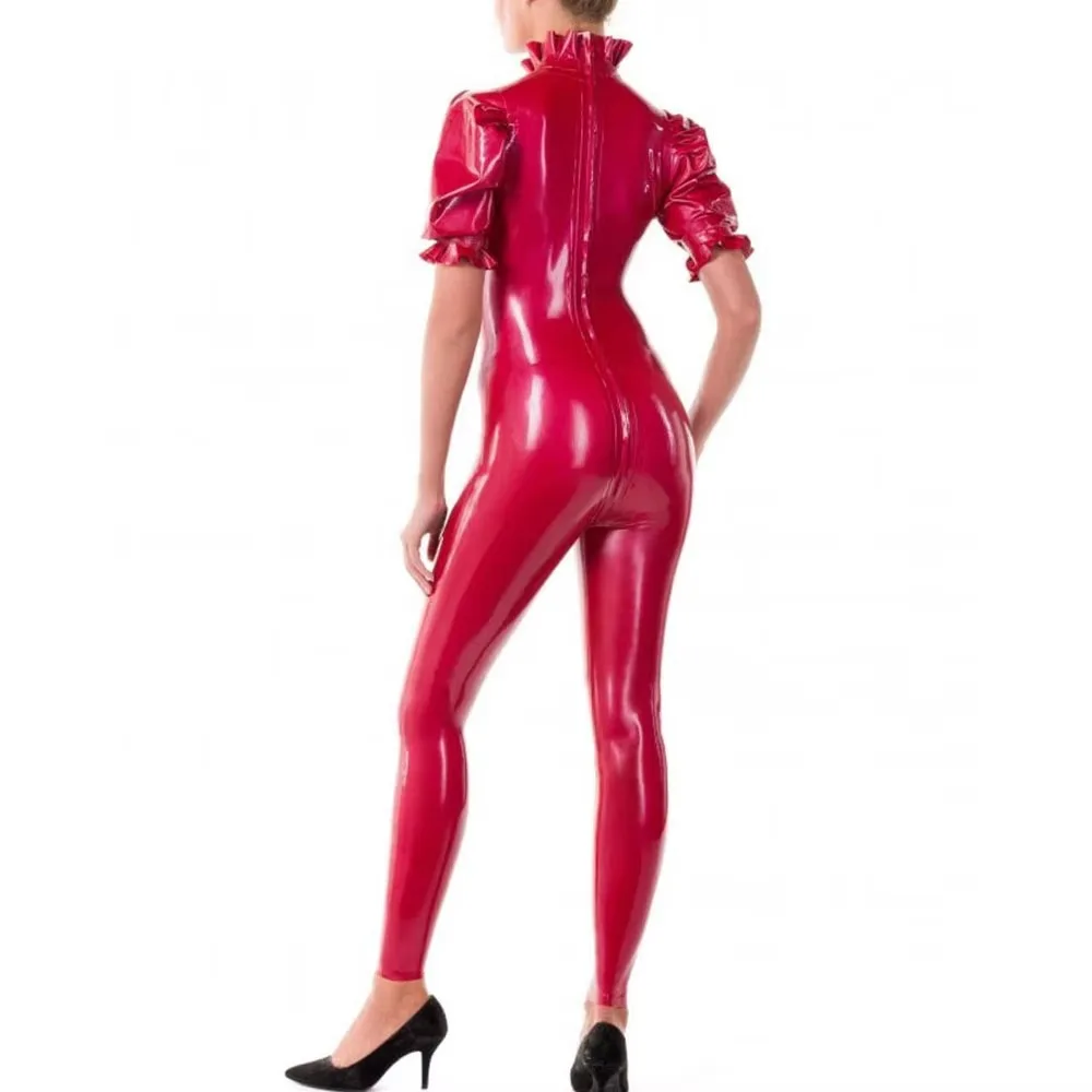 Plus Size Sissy Solid Color Short Sleeve Jumpsuits for Women High Neck Slim Zipper Open Crotch Jumpsuits Exotic Party Rompers 2