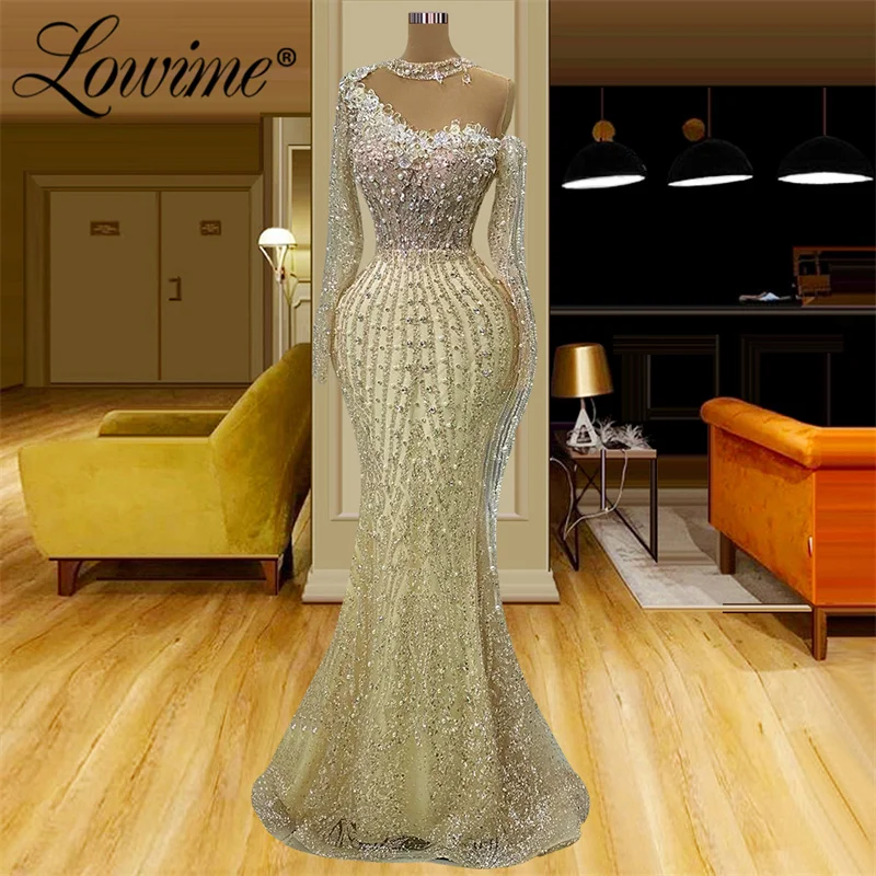 

Arabic Beaded Pearls Champagne Evening Dress Long Sleeves Formal Occasion Dresses 2023 Customize Woman Party Dress Elegant Prom
