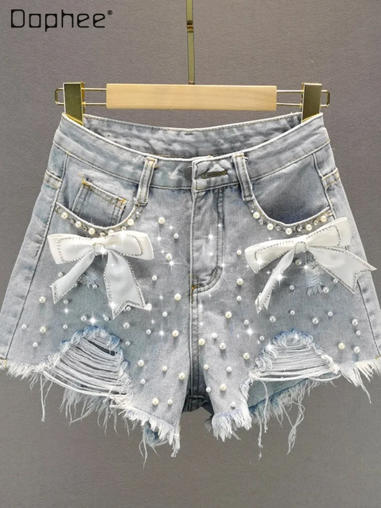 Japan Style Sweet Bow Beads Rhinestones Ripped Short Jeans for Women 2021 Summer New Streetweear Lady High Waist Denim Hot Pants