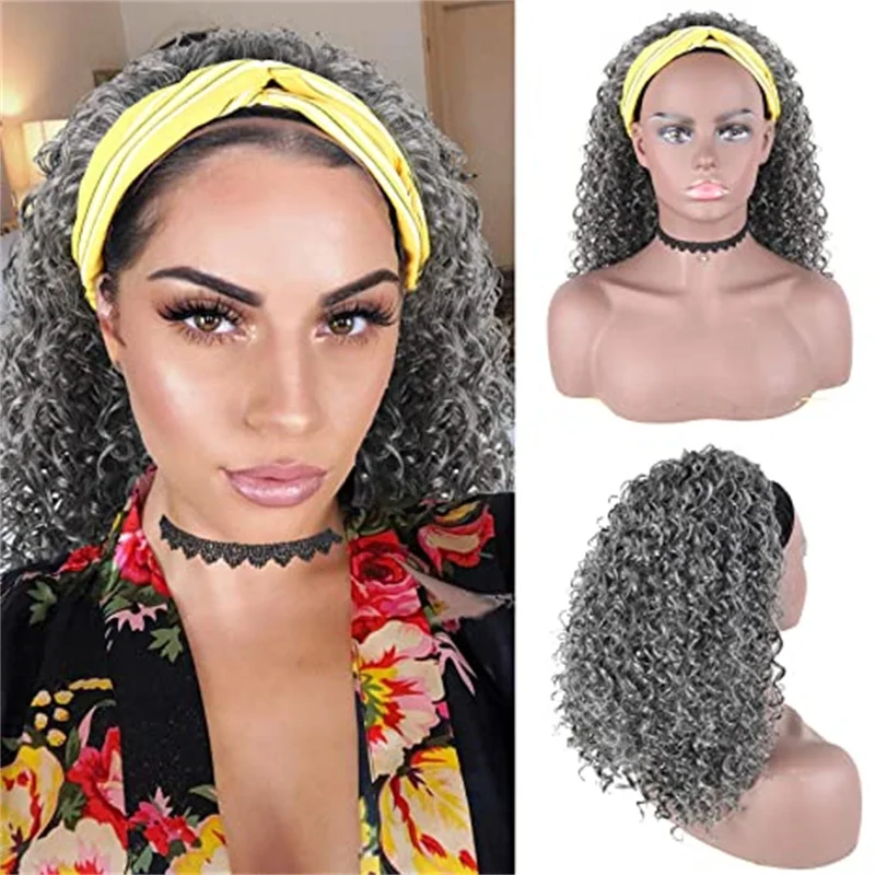 Short  Grey Afro Kinky Curly Headband Wigs Synthetic Deep Wave Wig For Black Women Full Machine Made Wigs Head Wrap Wigs Daily