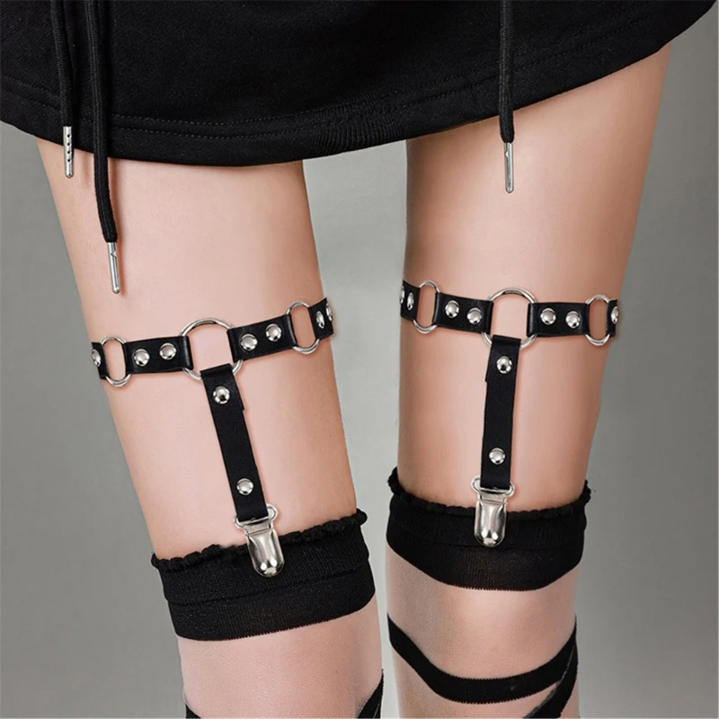 

Women Adjustable Faux Leather Thigh Garter Studded Leg Garter with Clips Punk Gothic Garters for Thigh High Socks Black