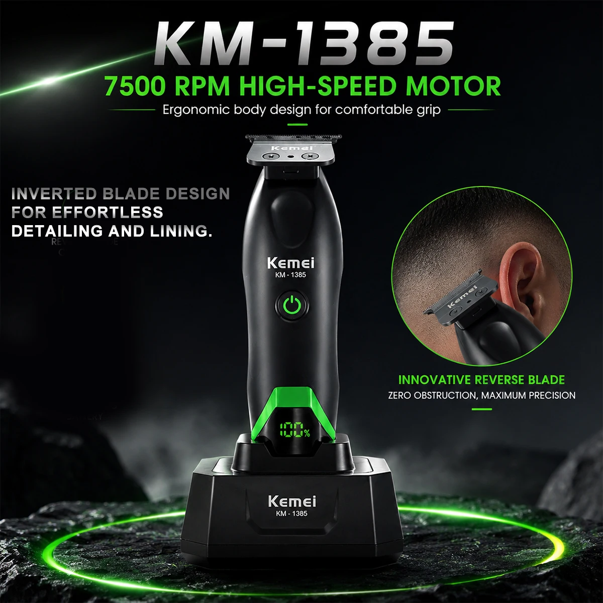 Kemei KM-1385 남성용 전기 헤어 클리퍼 T-블레이드 7500RPM 5W DC 모터(도크 LED 디스플레이 포함) 전문 헤어 트리머 기계