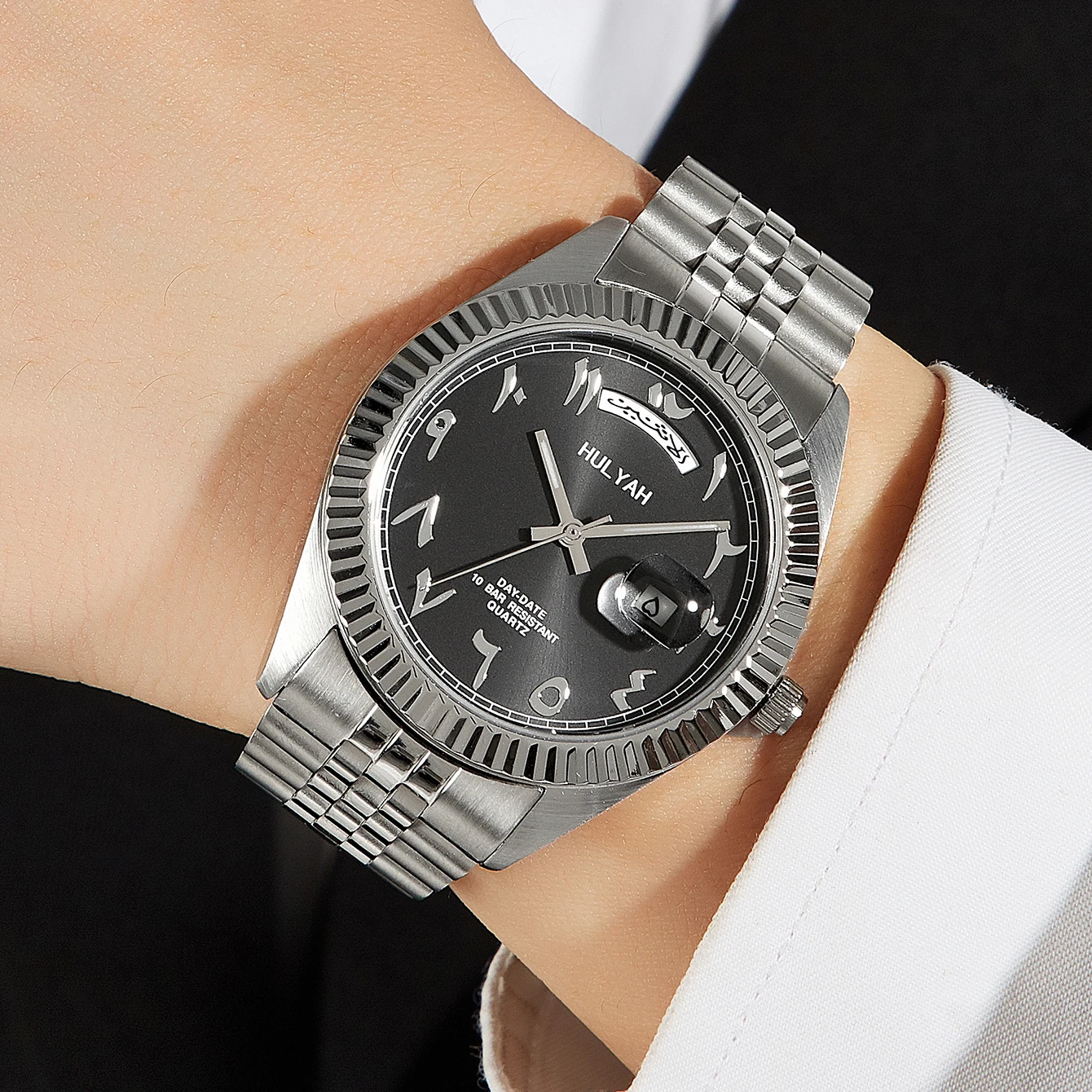 Full Steel Arabic Watch Date/Day Display Japanese Movement Waterproof